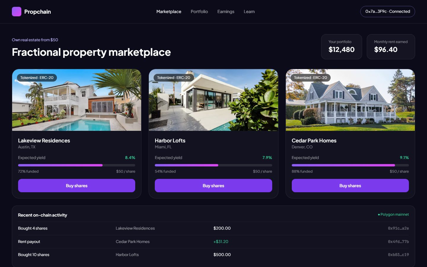 Propchain — Blockchain Fractional Real Estate Investment screen